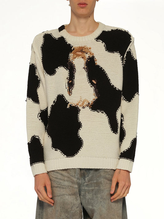 Image of a model wearing Outerwear. Product name - Acting Cow Knit Pullover in Ivory colour by brand - DOUBLET