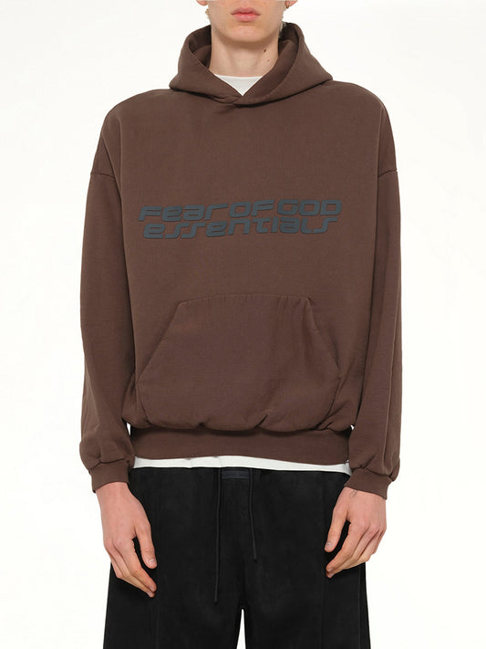 Image of a model wearing Outerwear. Product name - 90's Hoodie in Brown colour by brand - FEAR OF GOD ESSENTIALS