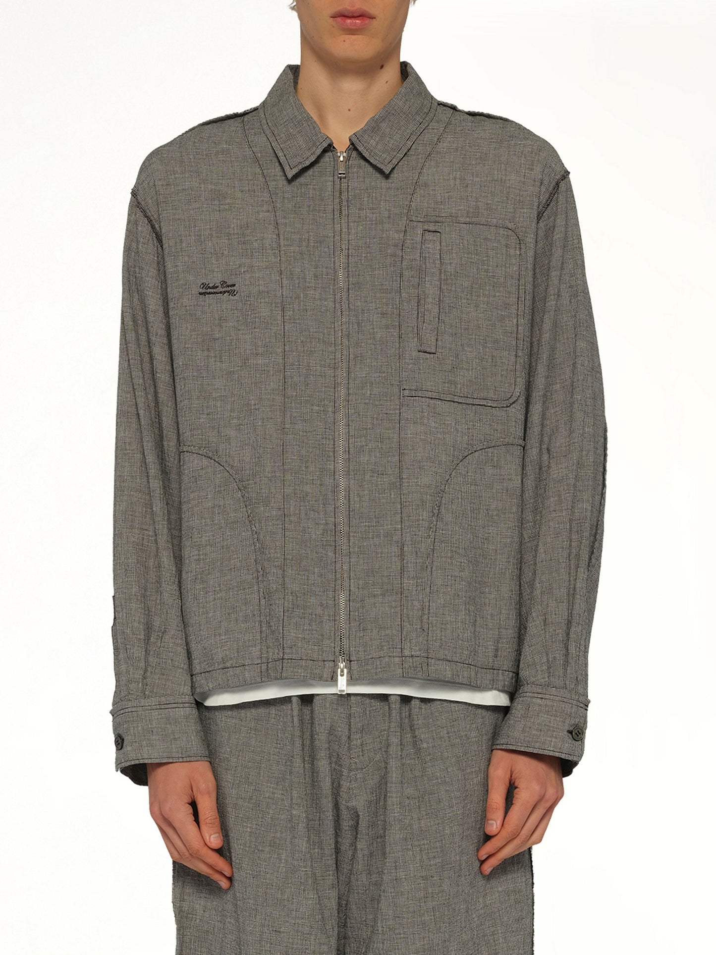 Image of Coats & Jackets. Product name - Linen Stripe Blouson in White colour by brand - UNDERCOVER