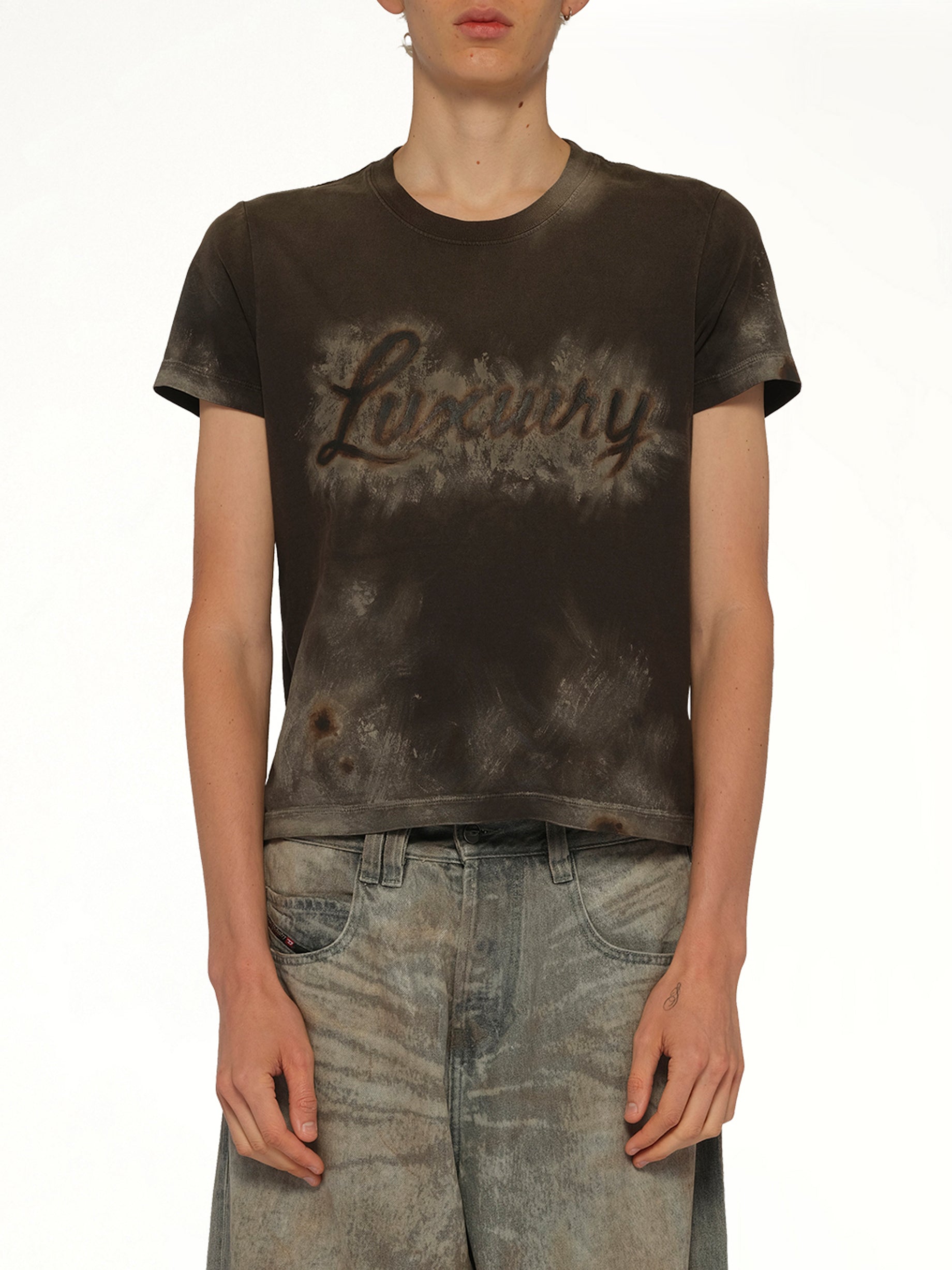 Image of T-Shirts. Product name - Luxuary Mud Paint T-Shirt in Brown colour by brand - DOUBLET