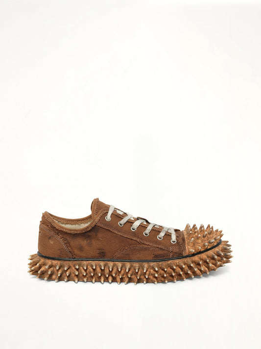 Image of Sneakers. Product name - Dirty Spike Toe Cap Canvas Sneaker in Brown colour by brand - DOUBLET