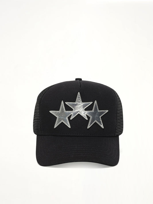 Image of Hats. Product name - 3 Star Metallic Trucker Hat in Black colour by brand - AMIRI