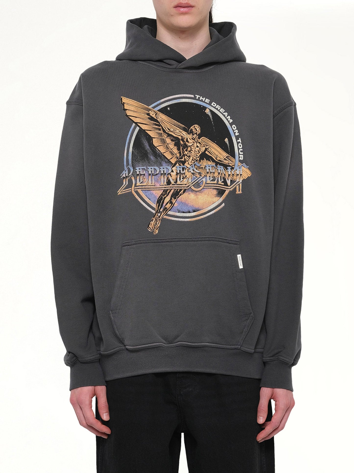 Image of a model wearing Outerwear. Product name - Golden Tour Hoodie in Grey colour by brand - REPRESENT