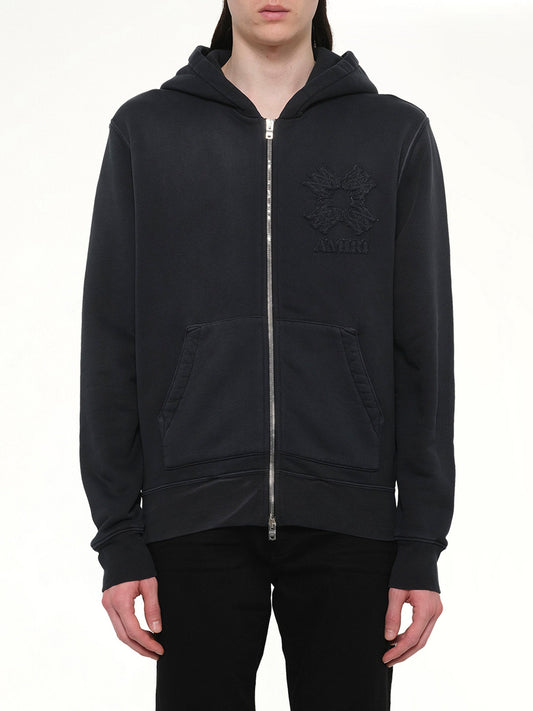 Image of a model wearing Outerwear. Product name - MA Quad Zip Hoodie in Black colour by brand - AMIRI