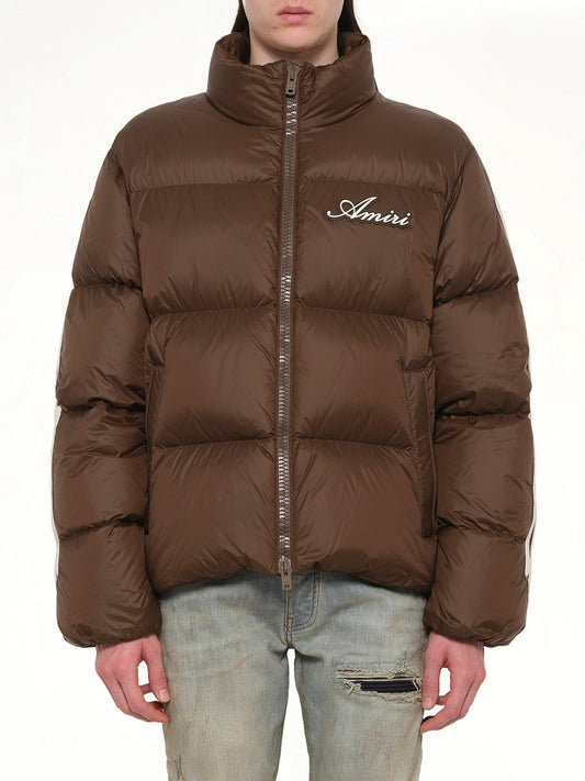 Image of Coats & Jackets. Product name - Bones Down Jacket in Brown colour by brand - AMIRI
