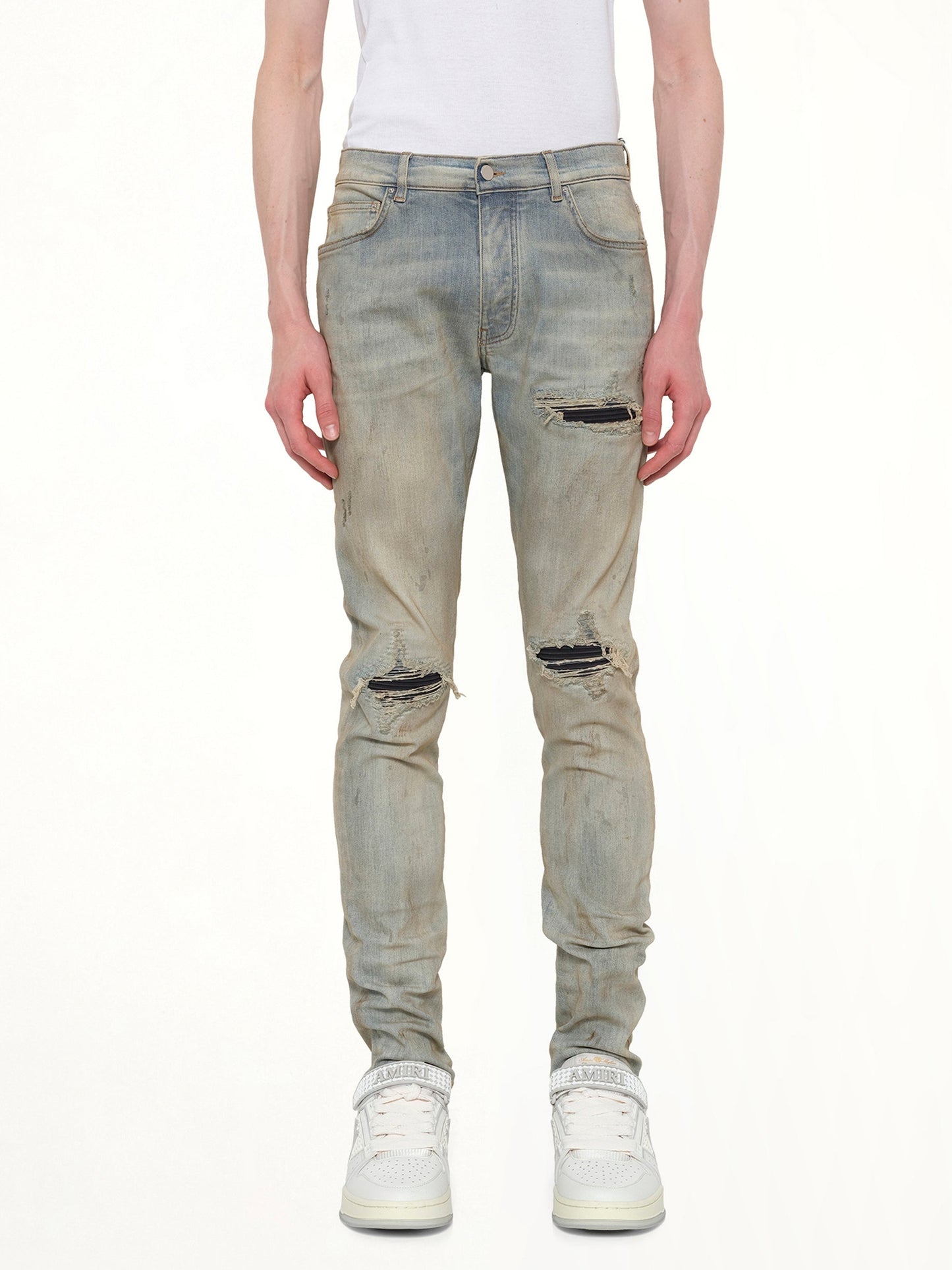 Image of Jeans. Product name - Suede MX1 Jeans in Blue colour by brand - AMIRI