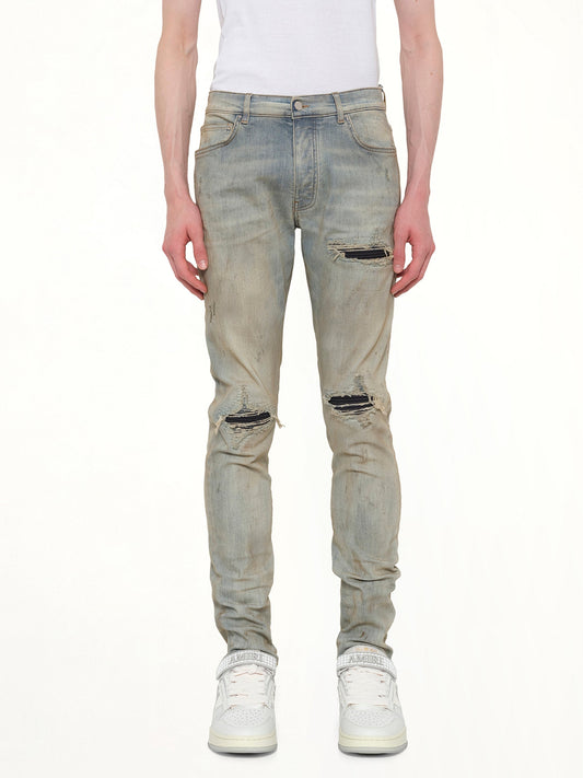 Image of Jeans. Product name - Suede MX1 Jeans in Blue colour by brand - AMIRI