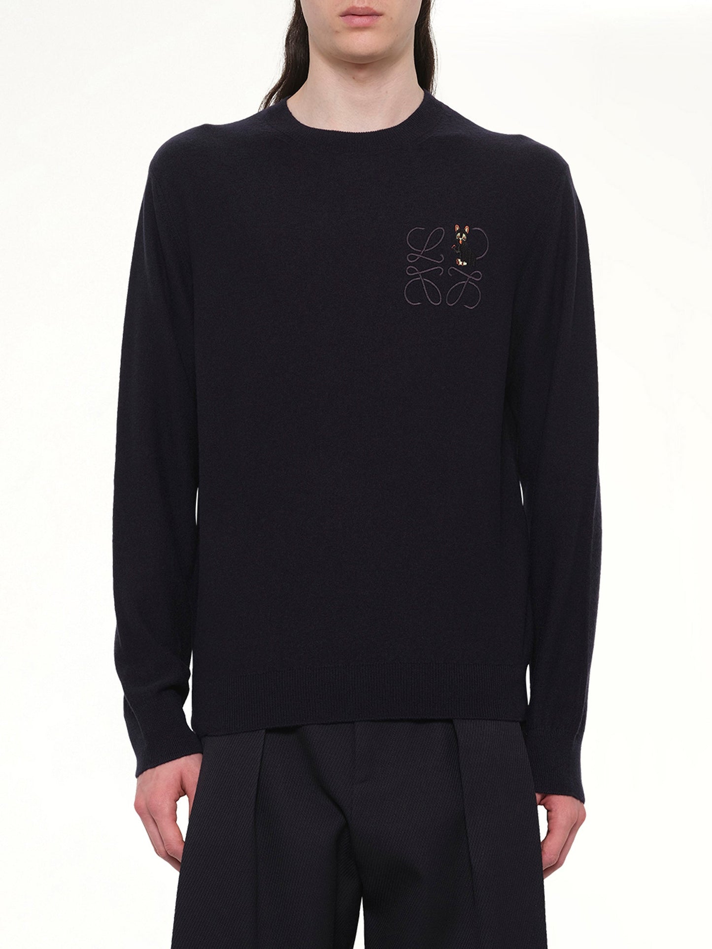 Image of a model wearing Outerwear. Product name - Louis Wain Knit Sweater in Navy colour by brand - LOEWE