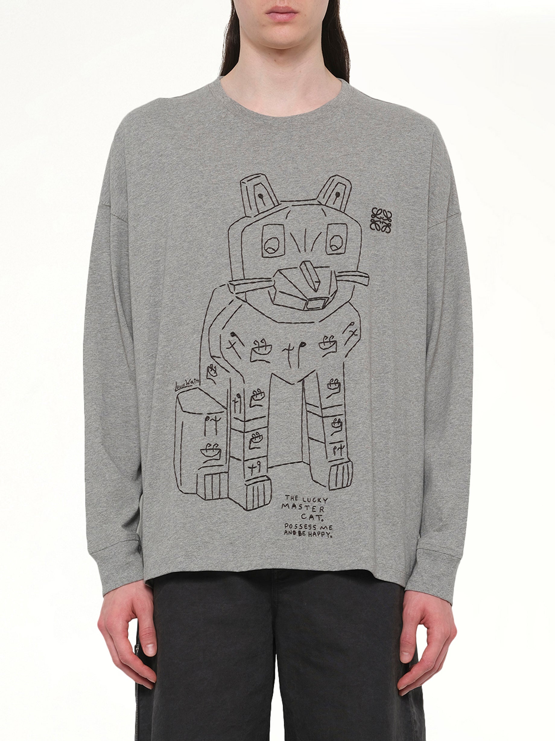 Image of a model wearing Tops. Product name - Louis Wain Long Sleeve T-Shirt in Grey Melange colour by brand - LOEWE
