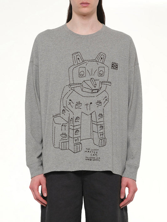 Image of a model wearing Tops. Product name - Louis Wain Long Sleeve T-Shirt in Grey Melange colour by brand - LOEWE