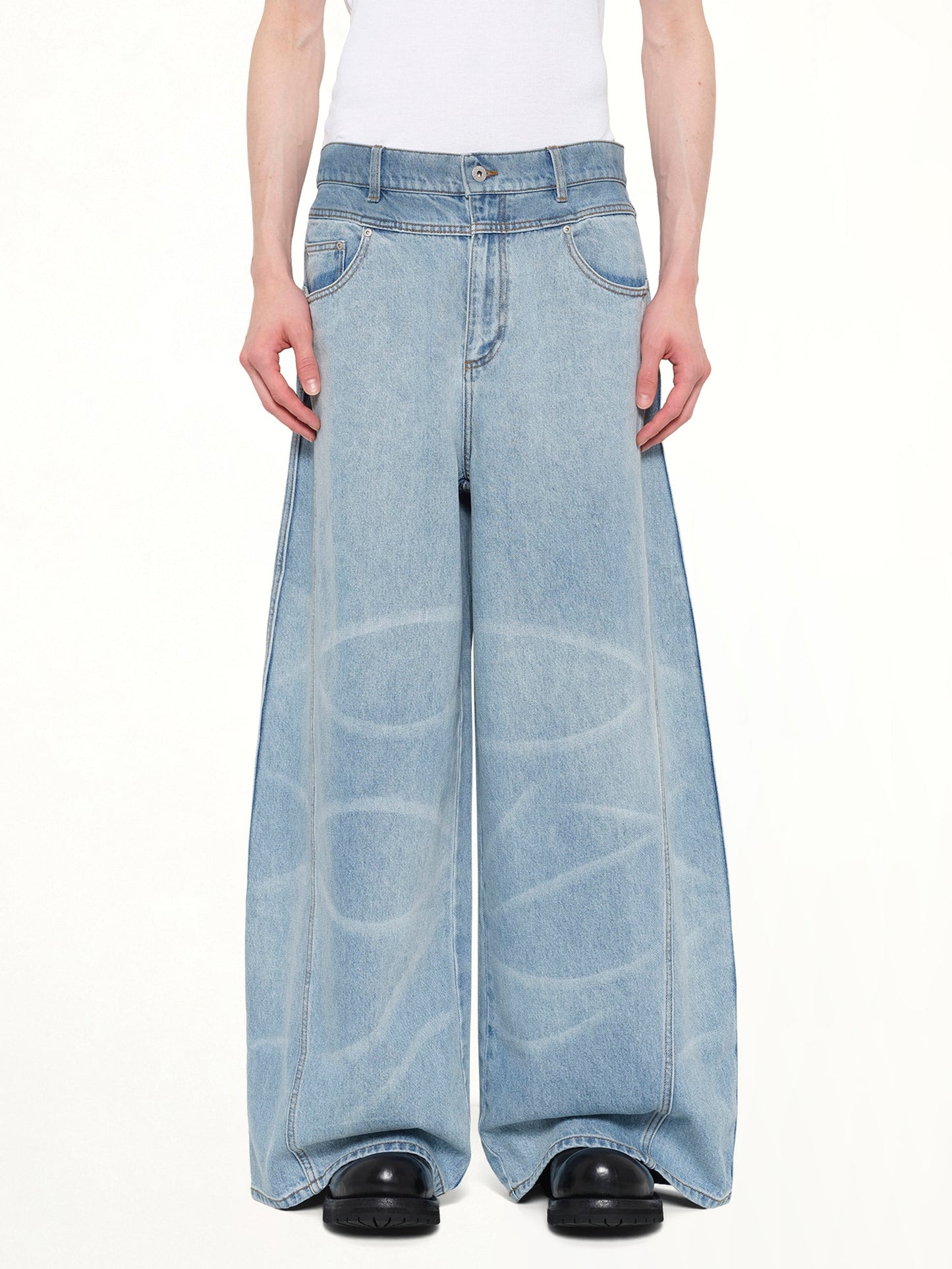 Image of Jeans. Product name - Wide Leg Denim Trousers in Blue colour by brand - FENG CHEN WANG