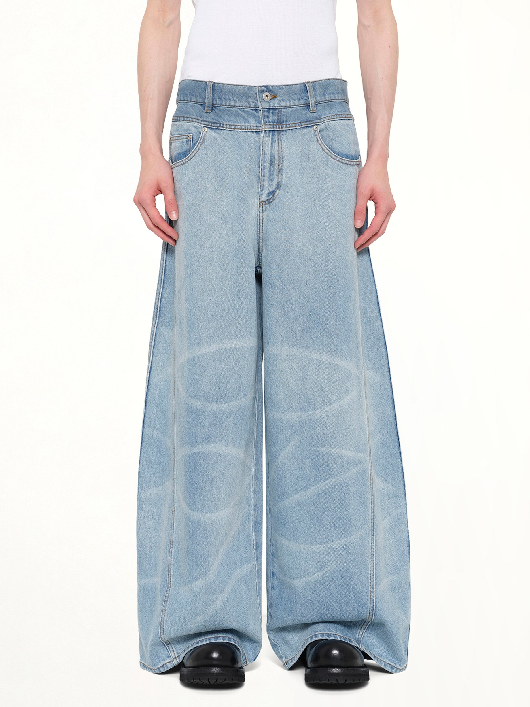 Image of Jeans. Product name - Wide Leg Denim Trousers in Blue colour by brand - FENG CHEN WANG