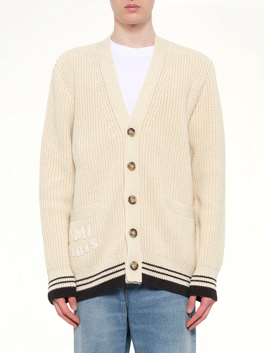Image of Cardigans. Product name - Cardigan with ADC and Ami Paris Patch in White colour by brand - AMI PARIS