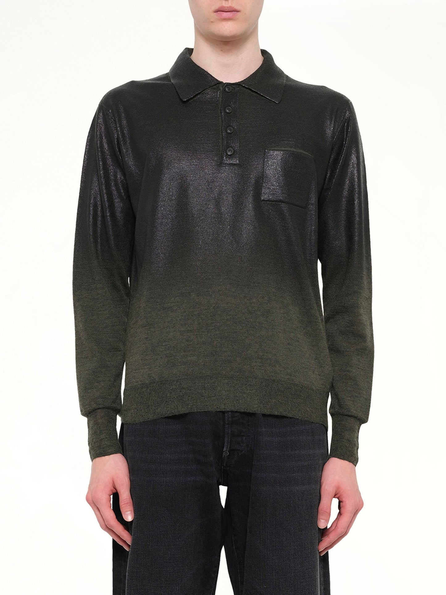 Image of a model wearing Tops. Product name - Coated Knit Polo in Green colour by brand - MAISON MARGIELA