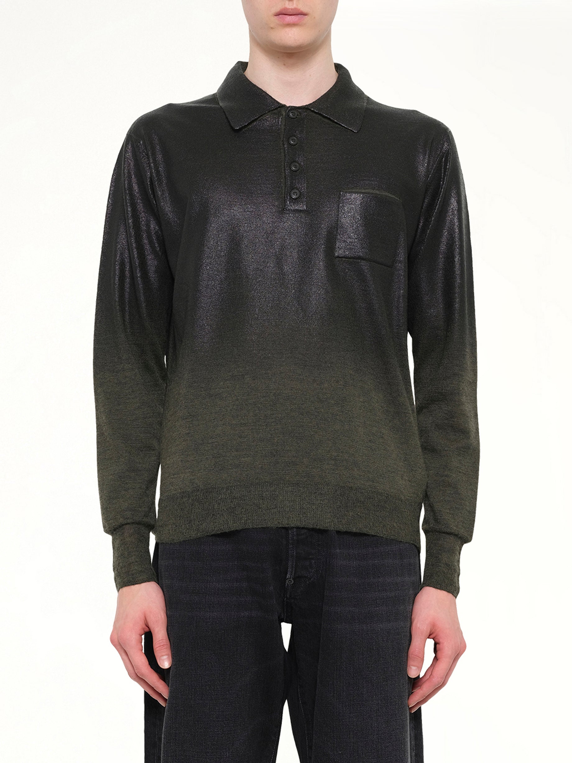 Image of a model wearing Tops. Product name - Coated Knit Polo in Green colour by brand - MAISON MARGIELA