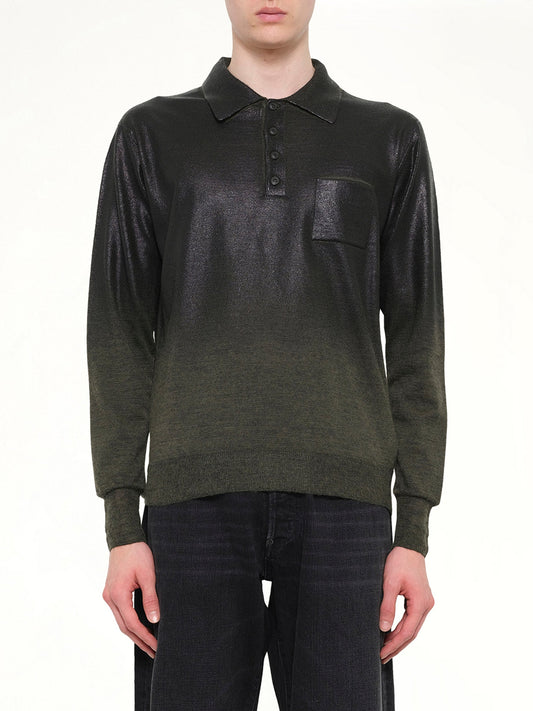 Image of a model wearing Tops. Product name - Coated Knit Polo in Green colour by brand - MAISON MARGIELA