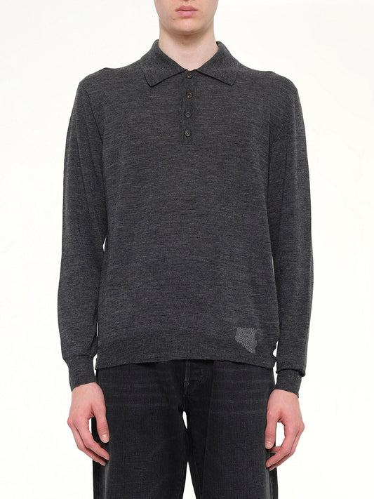 Image of a model wearing Tops. Product name - Knit Polo in Grey colour by brand - MAISON MARGIELA