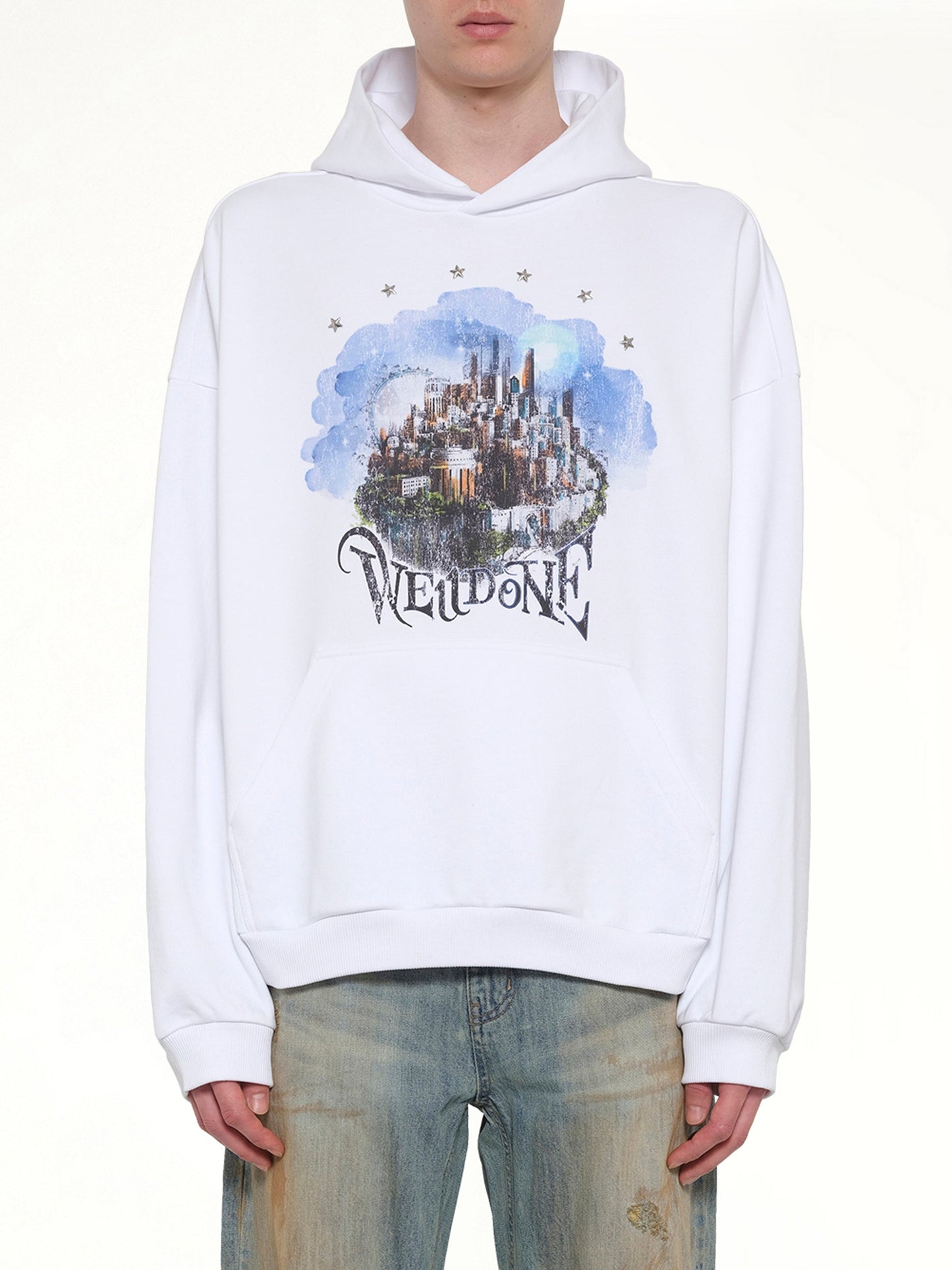 Image of a model wearing Outerwear. Product name - City Hoodie in White colour by brand - WE11DONE