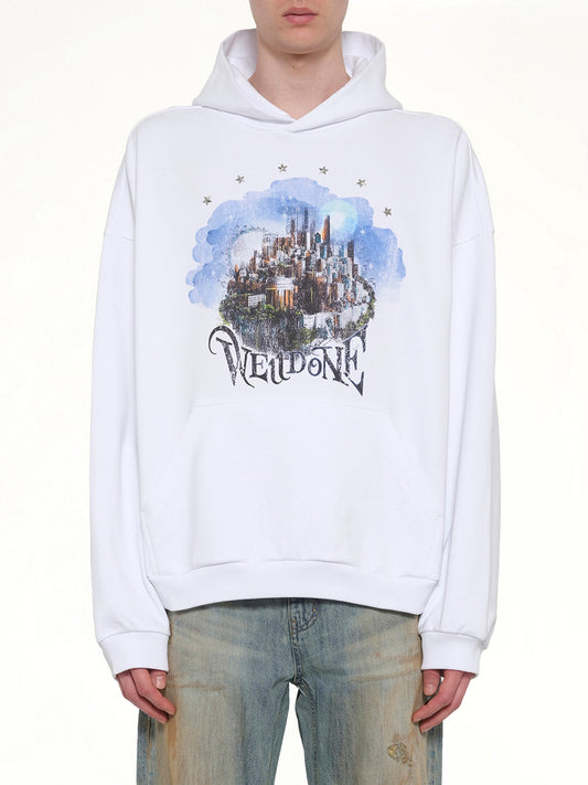 Image of a model wearing Outerwear. Product name - City Hoodie in White colour by brand - WE11DONE