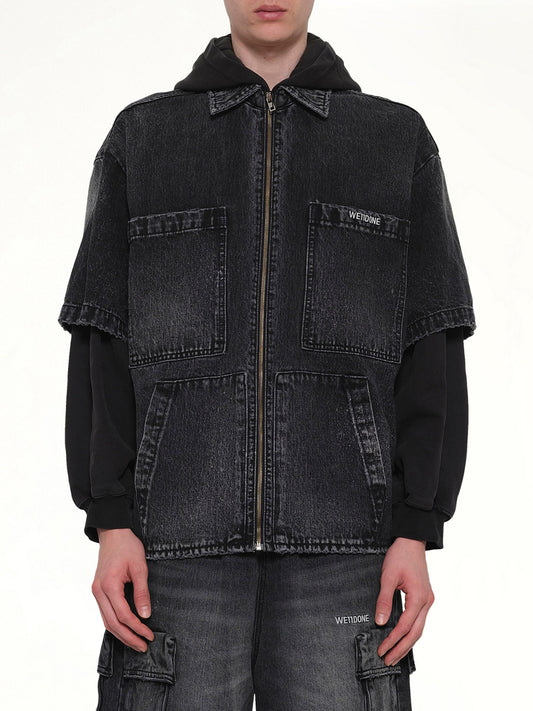 Image of a model wearing Outerwear. Product name - Faded Layered Hoodie Jacket in Black colour by brand - WE11DONE