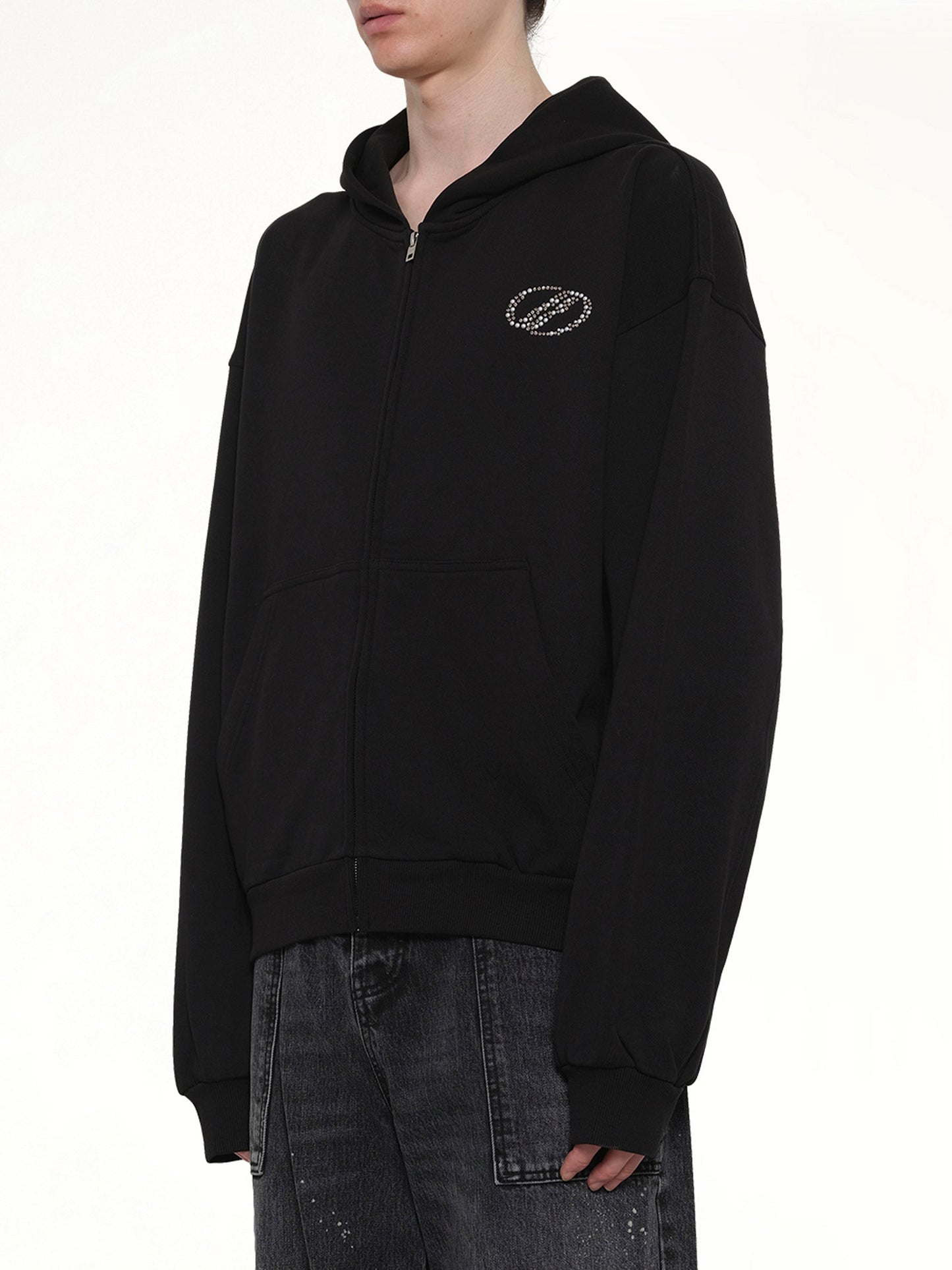 WE11DONE Rhinestone Zip-Up Balloon Hoodie (Black)