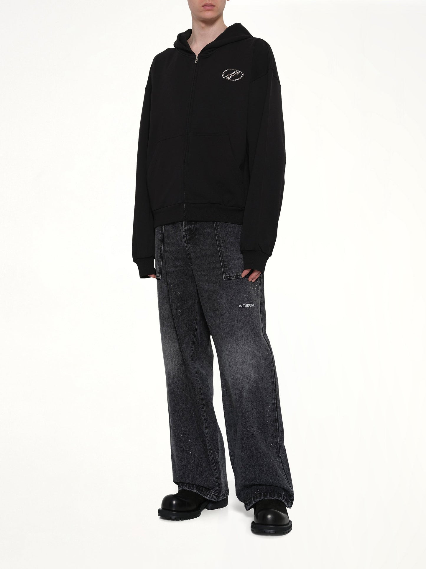 WE11DONE Rhinestone Zip-Up Balloon Hoodie (Black)