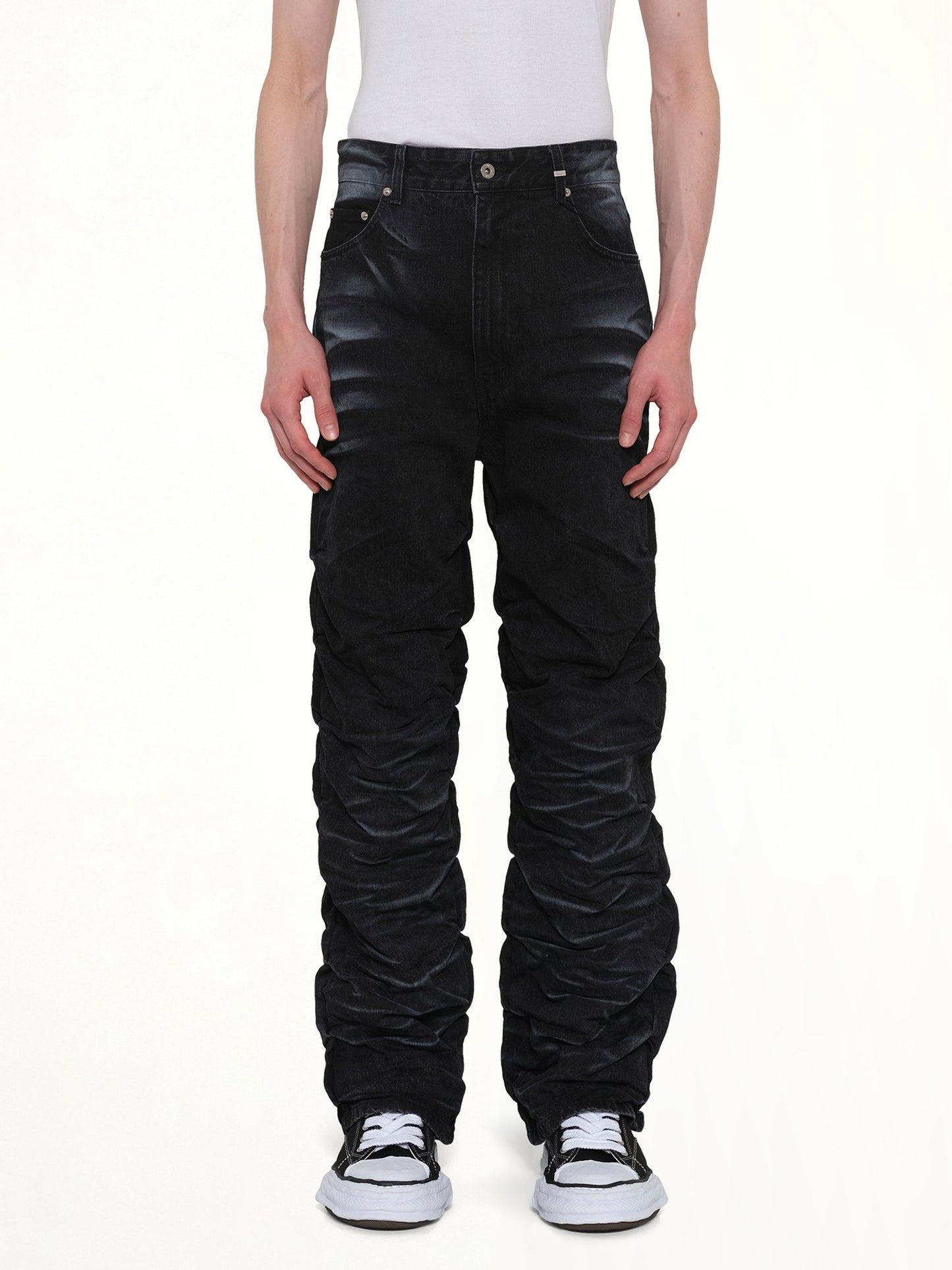 Image of Jeans. Product name - Textured Fold Denim Jeans in Black colour by brand - WE11DONE