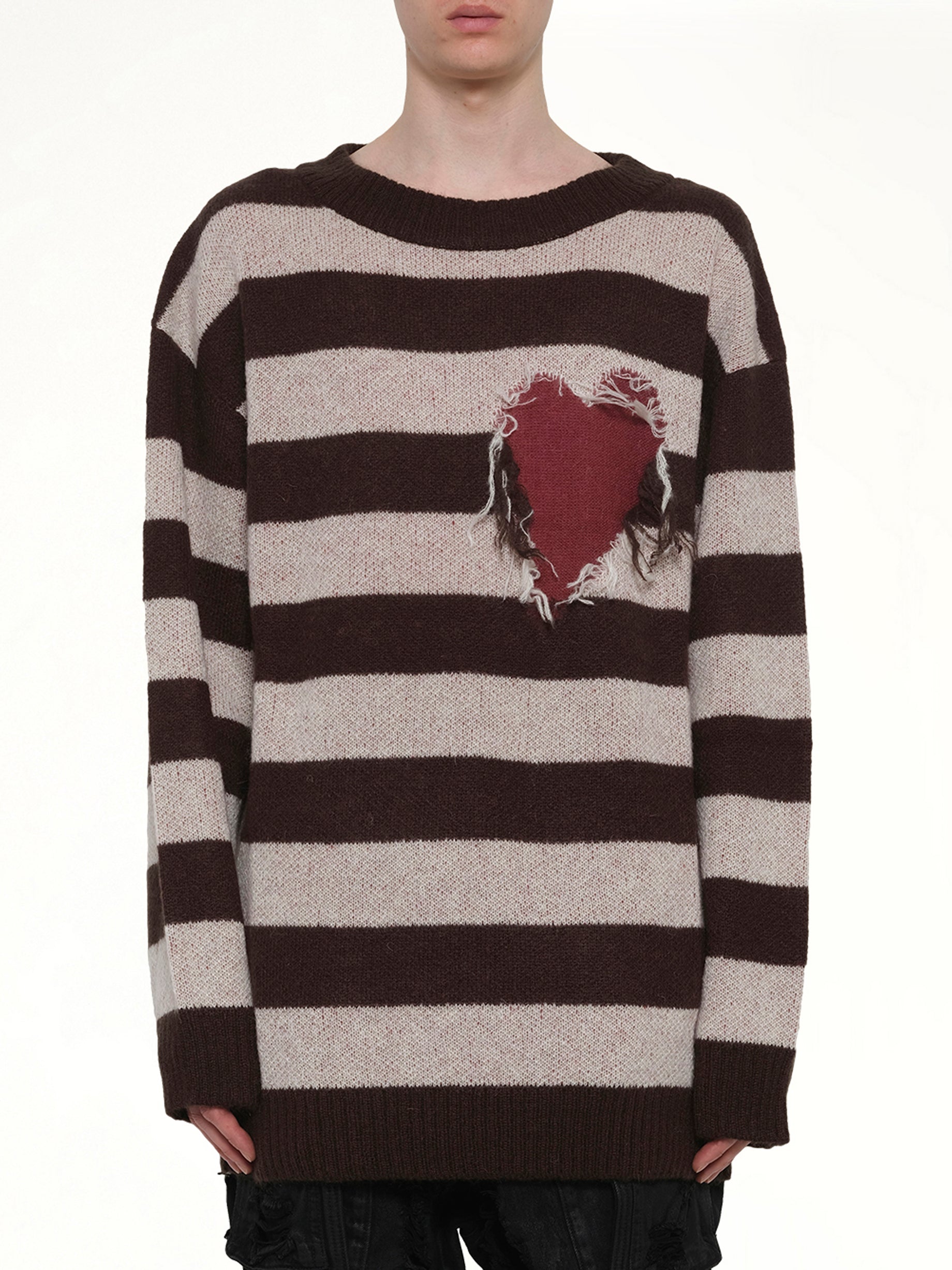Image of a model wearing Outerwear. Product name - Grunge Stripe Pullover in Brown colour by brand - WE11DONE