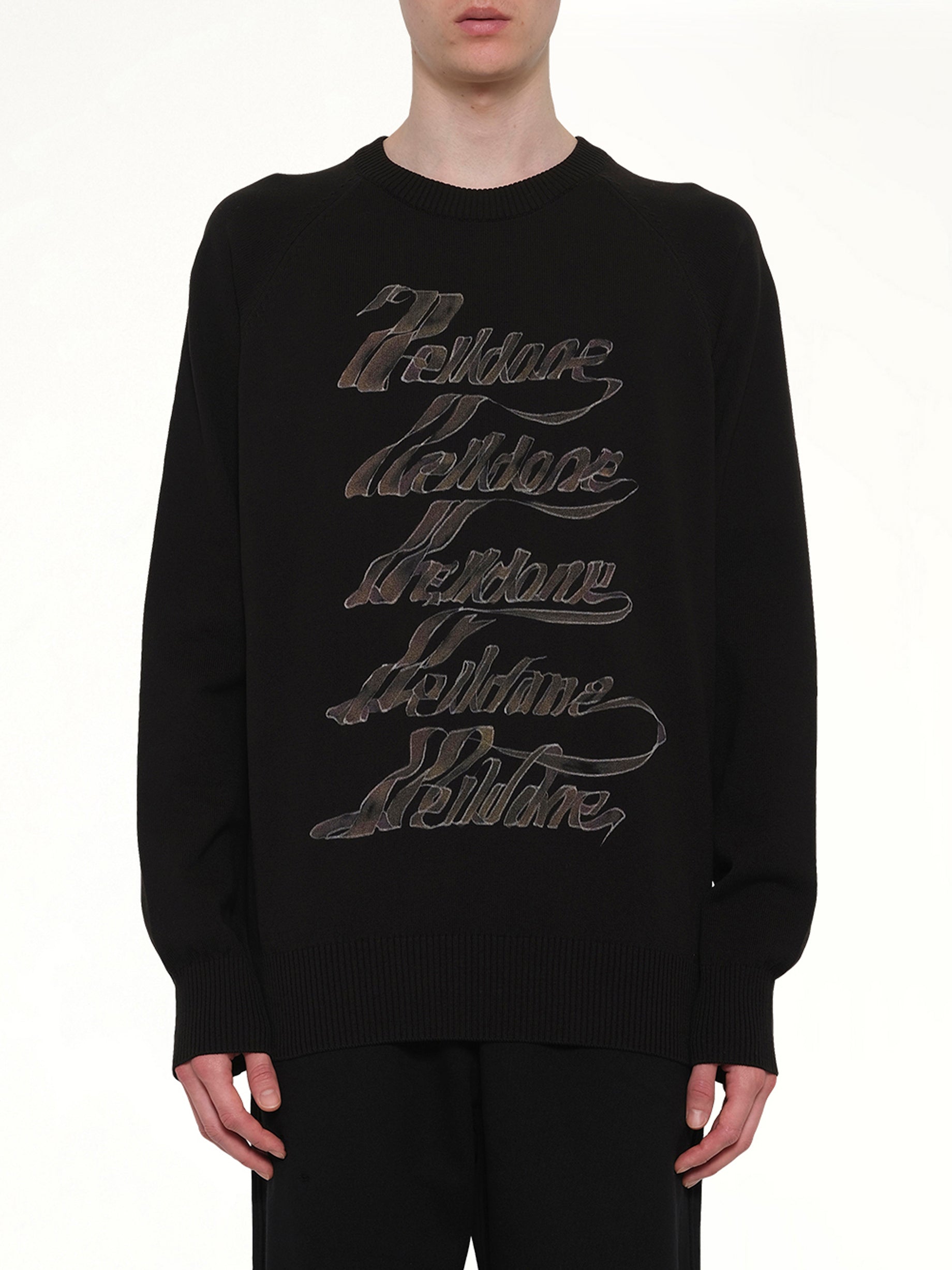 Image of a model wearing Outerwear. Product name - Multi Logo Print Sweater in Black colour by brand - WE11DONE