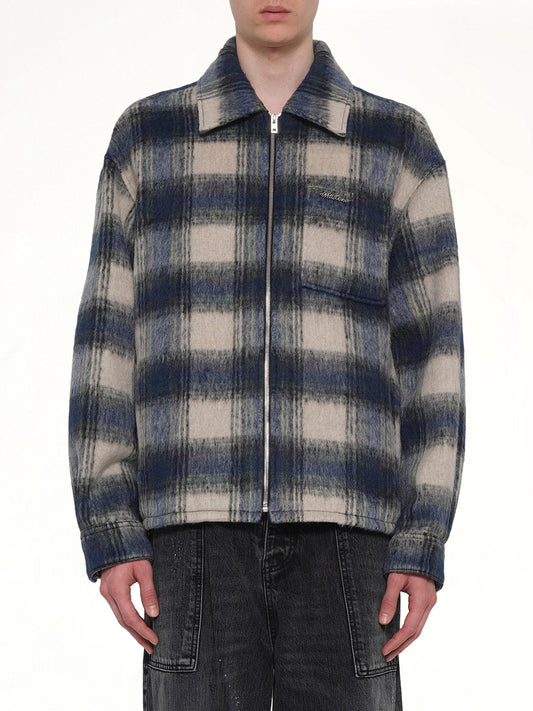 Image of a model wearing Tops. Product name - Fleece Lined Check Shirts in Blue colour by brand - WE11DONE