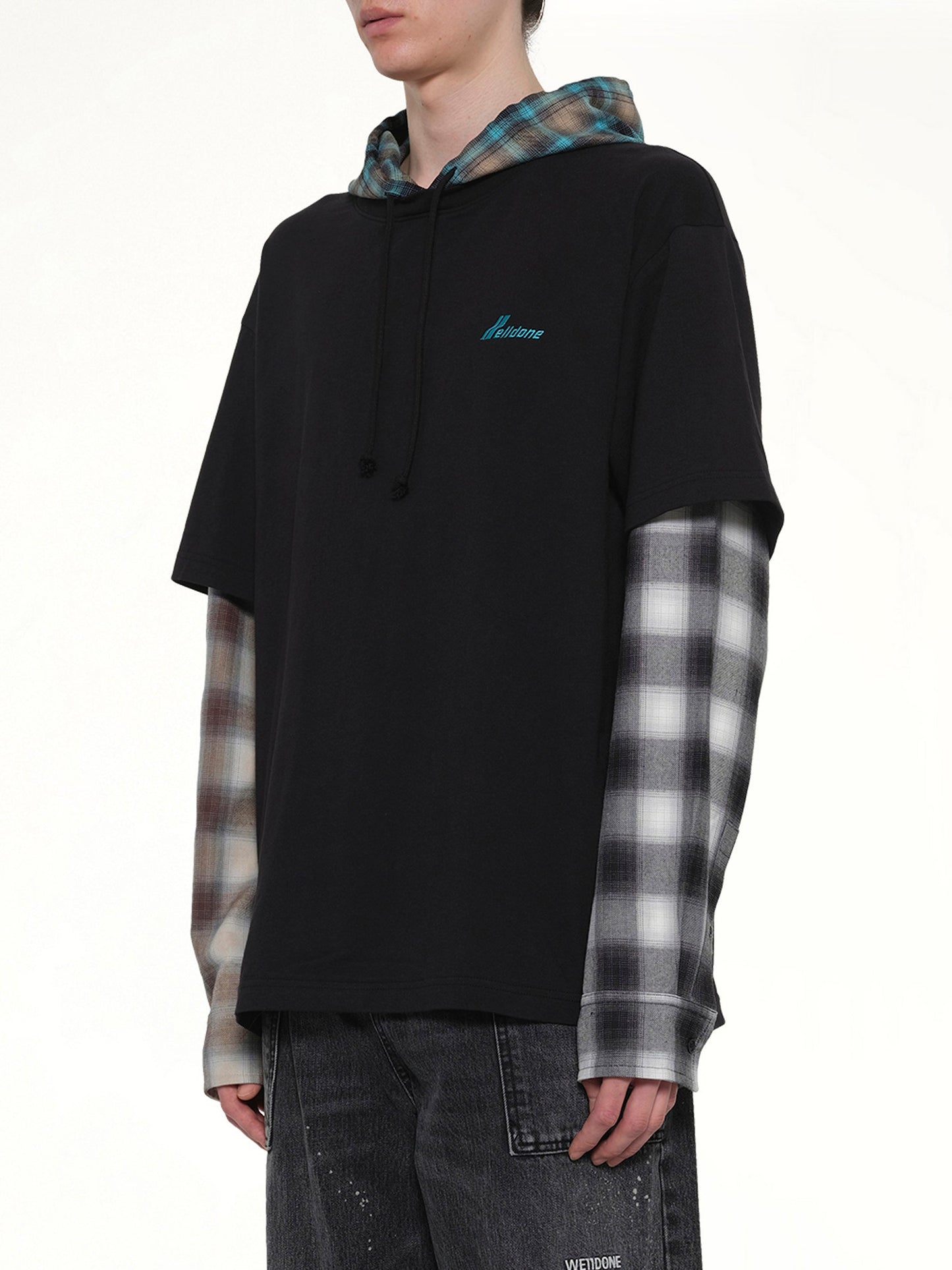 WE11DONE Checkered Patch Long-Sleeved T-Shirt (Black)