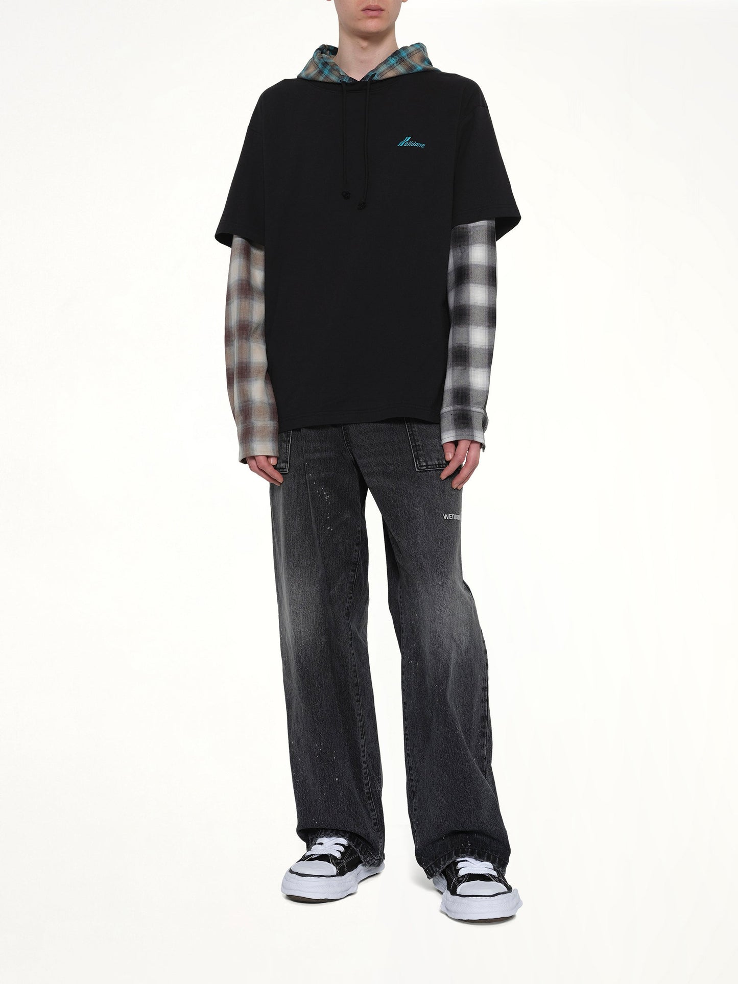 WE11DONE Checkered Patch Long-Sleeved T-Shirt (Black)
