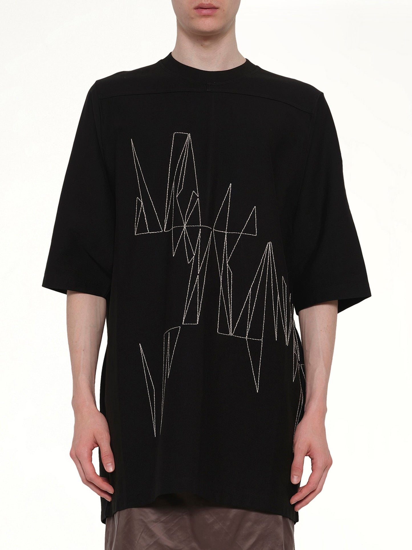 Image of a model wearing Tops. Product name - Rick Owens x Moncler Jumbo SS T in Black colour by brand - RICK OWENS