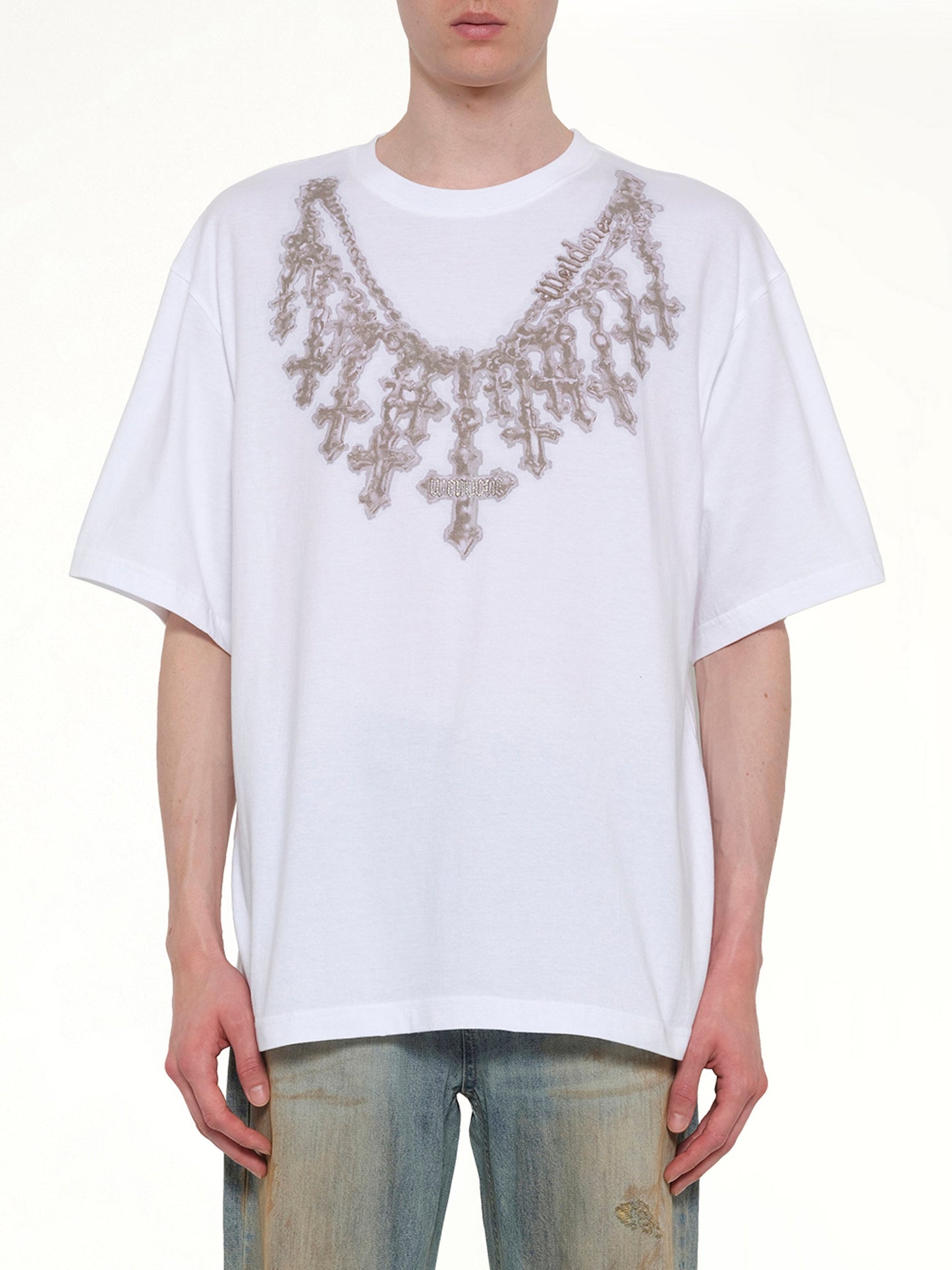 Image of a model wearing Tops. Product name - Cross Necklace T-Shirt in White colour by brand - WE11DONE