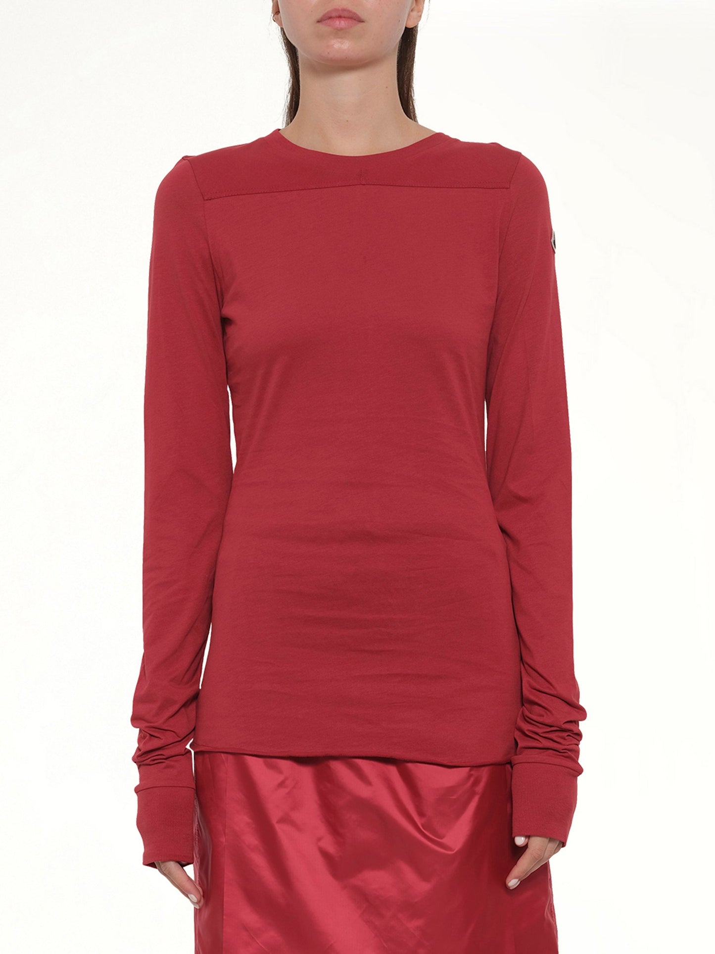 Image of a model wearing Tops. Product name - Rick Owens x Moncler Girder LS T in Carnelian colour by brand - RICK OWENS