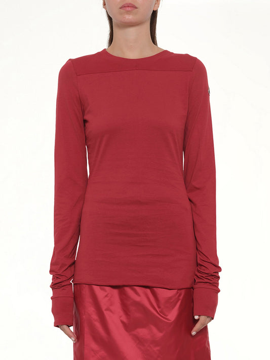 Image of a model wearing Tops. Product name - Rick Owens x Moncler Girder LS T in Carnelian colour by brand - RICK OWENS