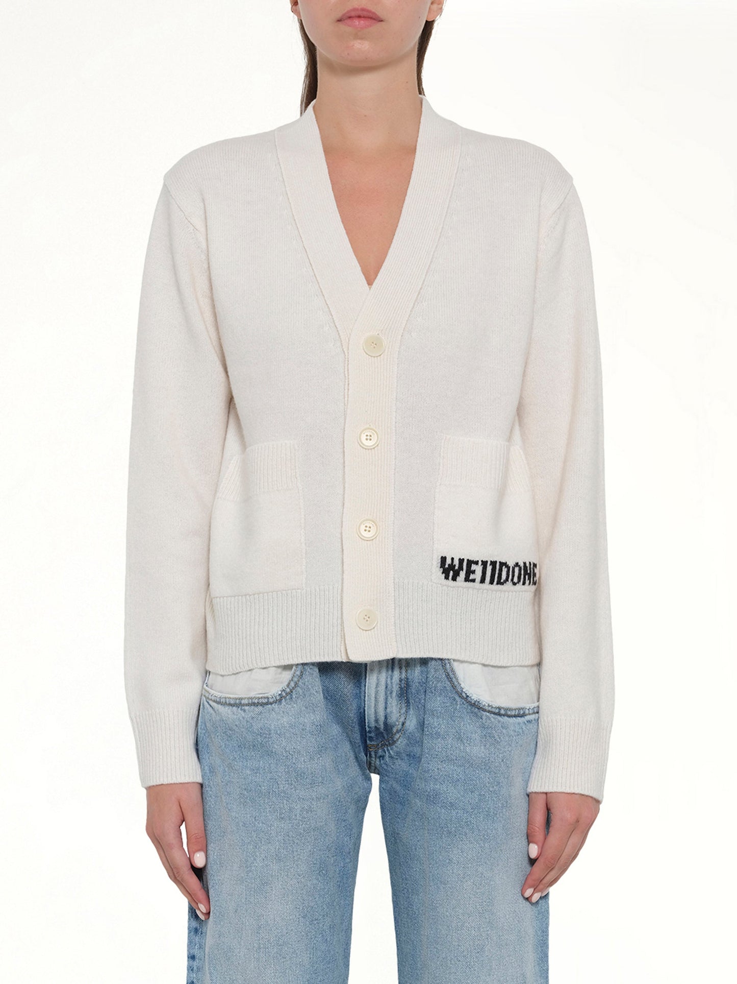 Image of Cardigans. Product name - Pocket Logo Knit Cardigan in White colour by brand - WE11DONE