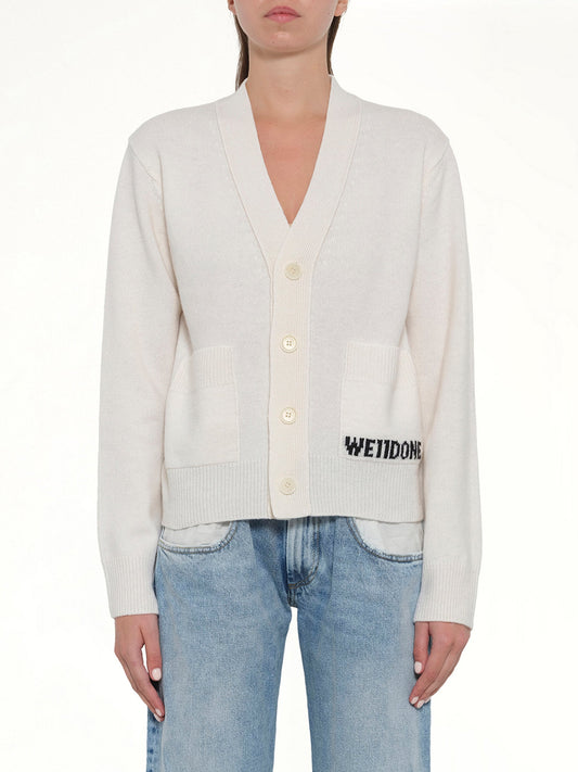 Image of Cardigans. Product name - Pocket Logo Knit Cardigan in White colour by brand - WE11DONE