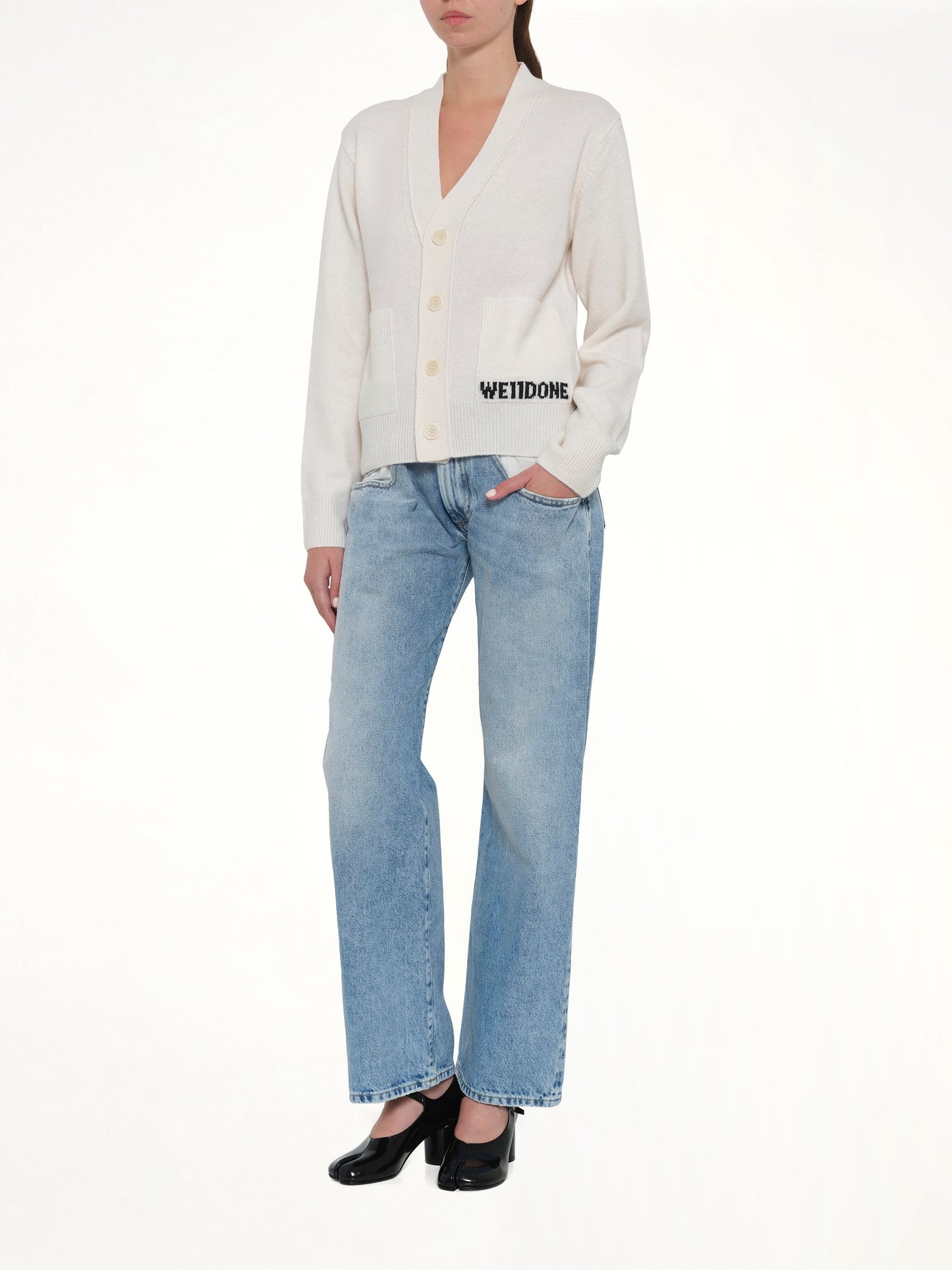 WE11DONE Pocket Logo Knit Cardigan (White)