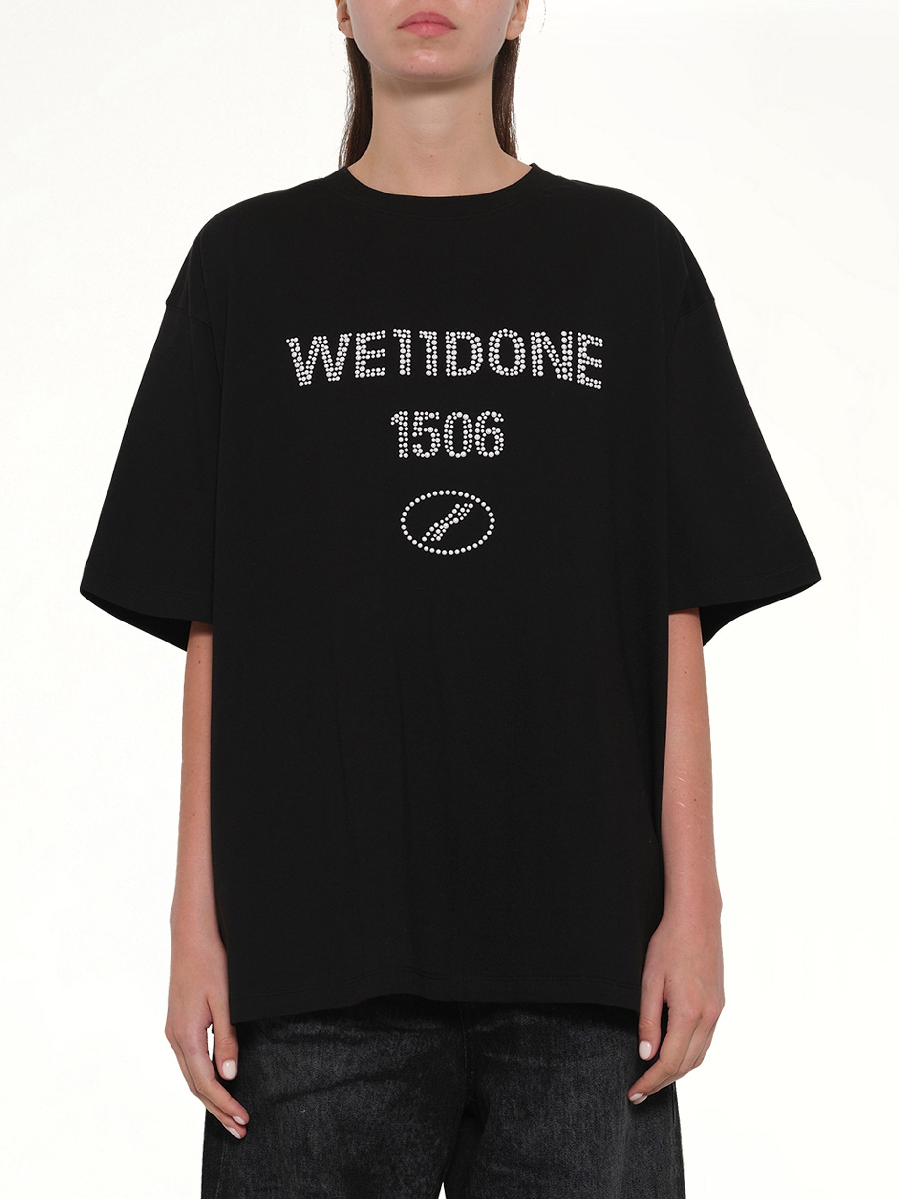 Image of T-Shirts. Product name - Washed Pearly Collegiate T-Shirt in Black colour by brand - WE11DONE