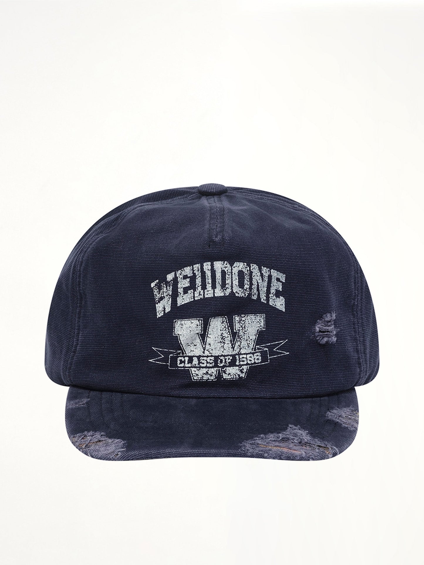 Image of Hats. Product name - Distressed Collegiate Cap in Navy colour by brand - WE11DONE