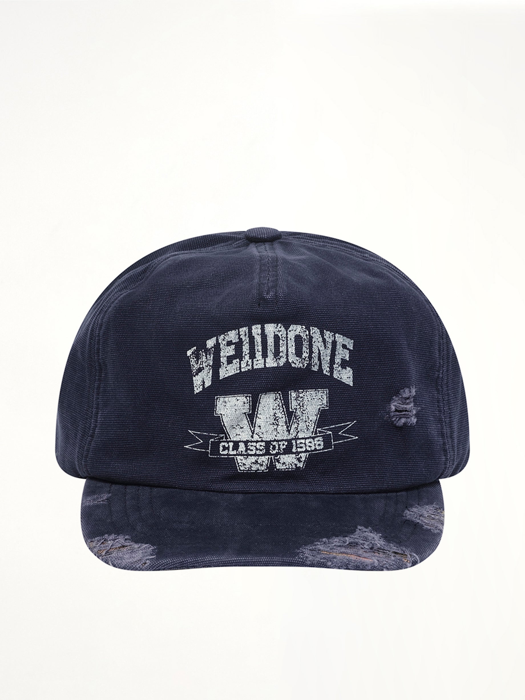 Image of Hats. Product name - Distressed Collegiate Cap in Navy colour by brand - WE11DONE
