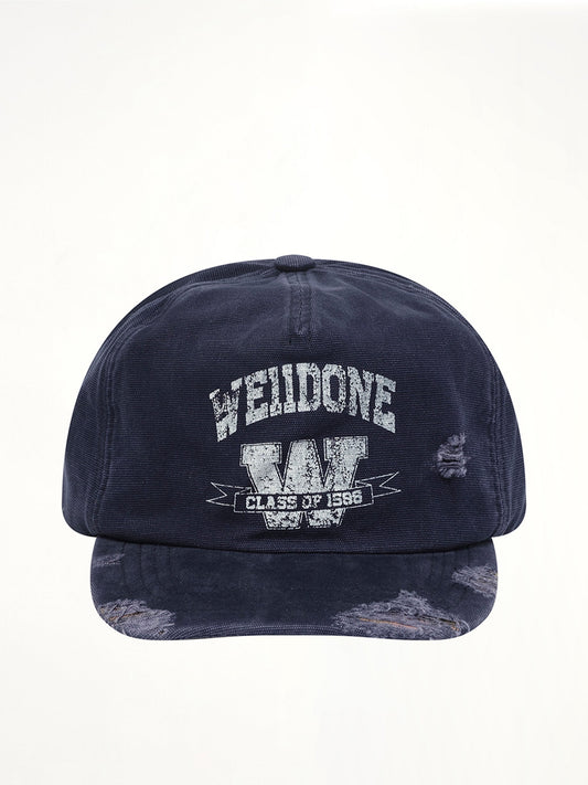 Image of Hats. Product name - Distressed Collegiate Cap in Navy colour by brand - WE11DONE