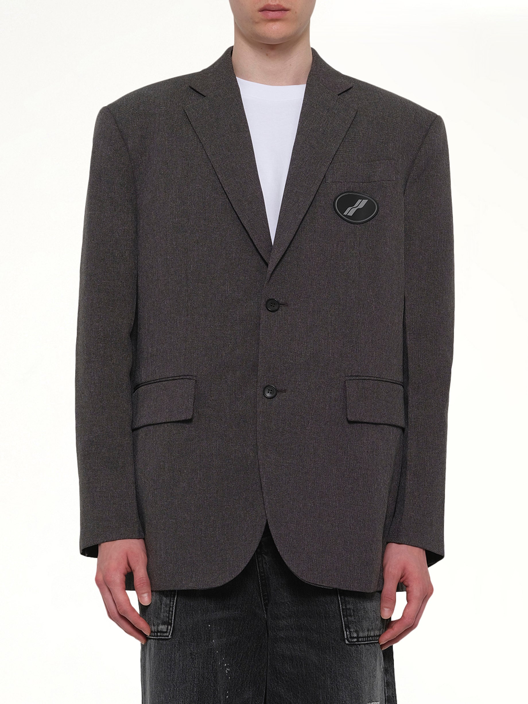 Image of Coats & Jackets. Product name - Oversized Suit Logo Blazer in Grey colour by brand - WE11DONE