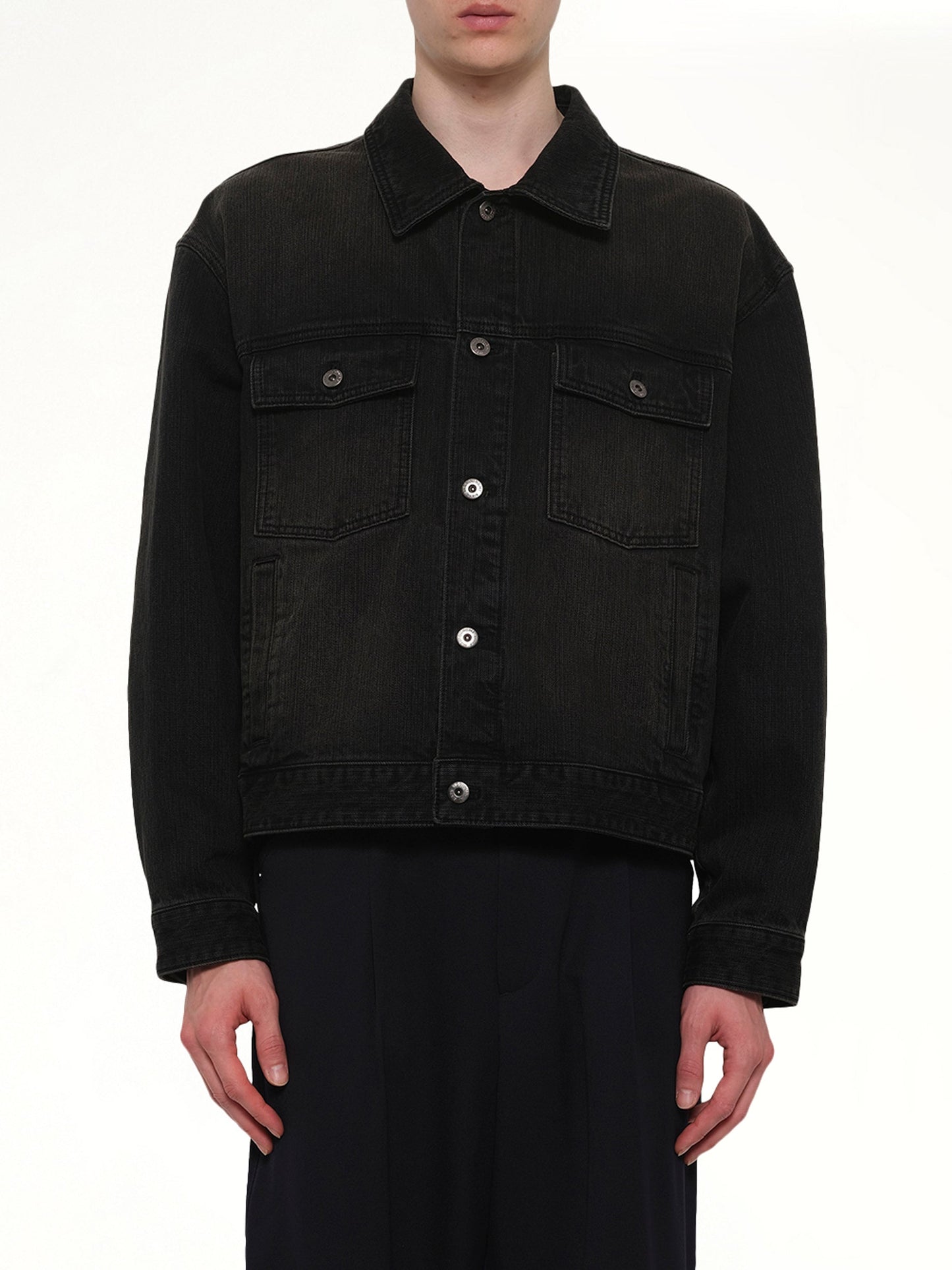 Image of Coats & Jackets. Product name - Stone Washed Denim Jacket in Black colour by brand - WOOYOUNGMI