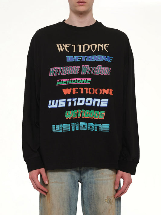 Image of a model wearing Tops. Product name - Multi Logo Long Sleeve T-Shirt in Black colour by brand - WE11DONE