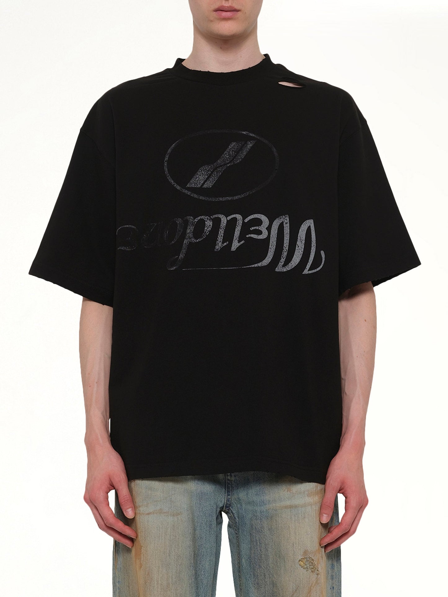 Image of T-Shirts. Product name - Destroyed Reverse Logo T-Shirt in Black colour by brand - WE11DONE