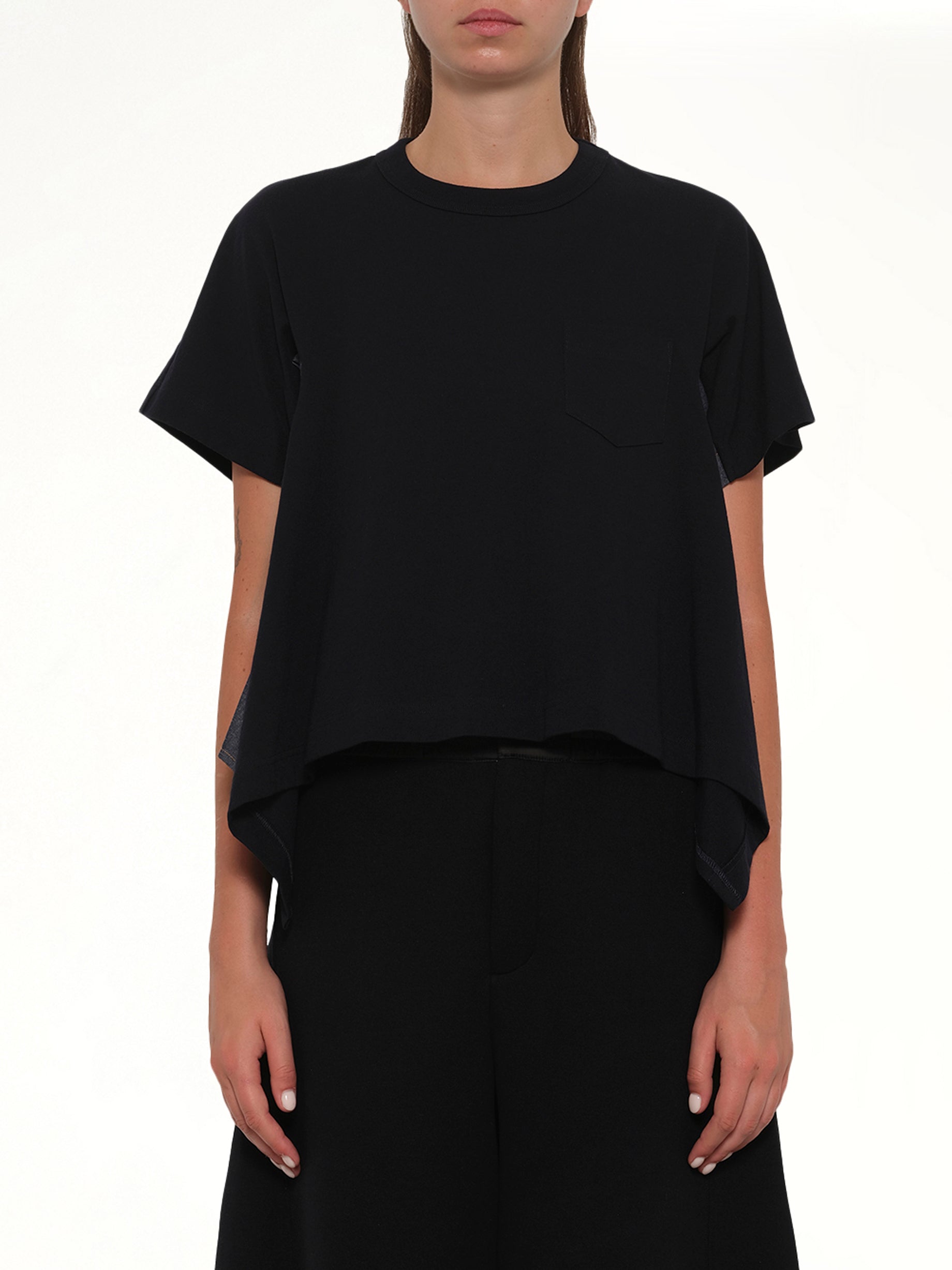 Image of T-Shirts. Product name - Light Weight Denim x Cotton Jersey T-Shirt in Navy colour by brand - SACAI