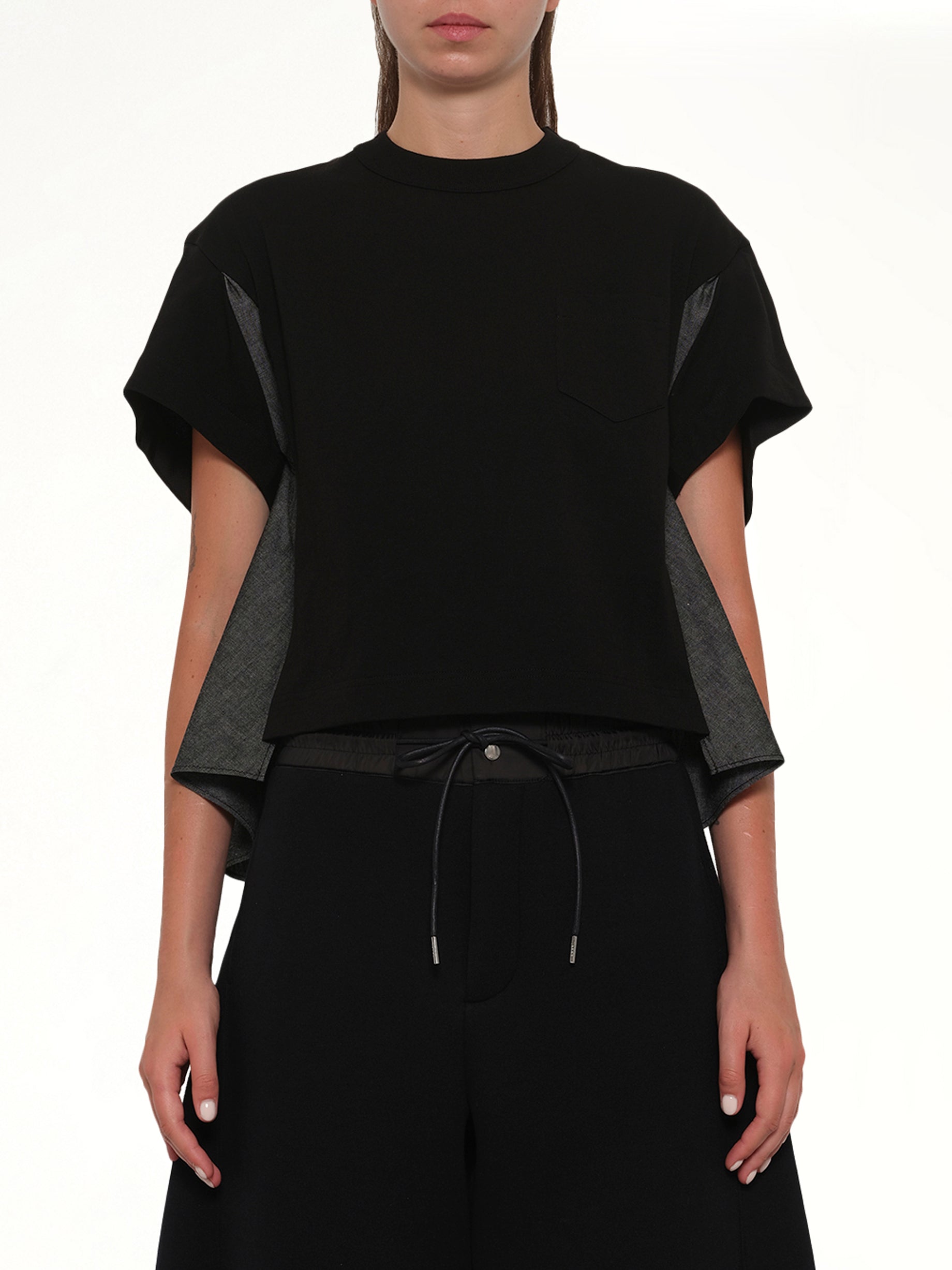 Image of T-Shirts. Product name - Light Weight Denim x Poplin Jersey T-Shirt in Black colour by brand - SACAI