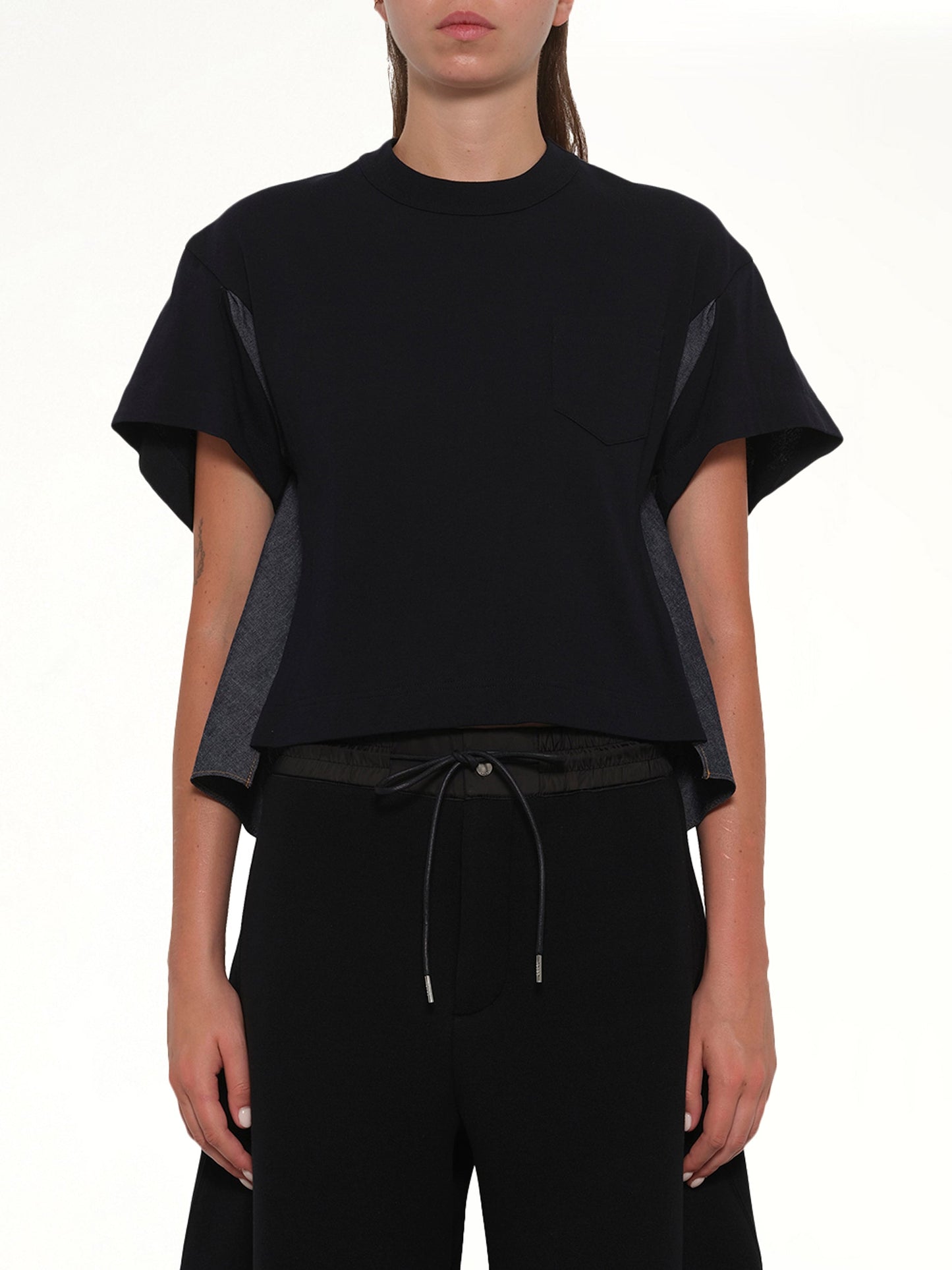 Image of T-Shirts. Product name - Light Weight Denim x Poplin Jersey T-Shirt in Navy colour by brand - SACAI